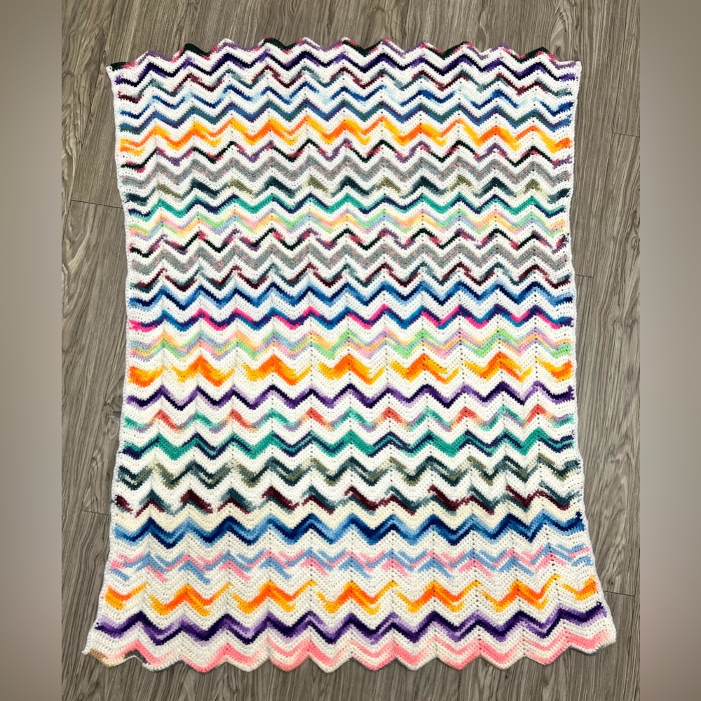 Retro Boho Crochet Throw Blanket Colorful Ripple Stitch Afghan Hand Knitted